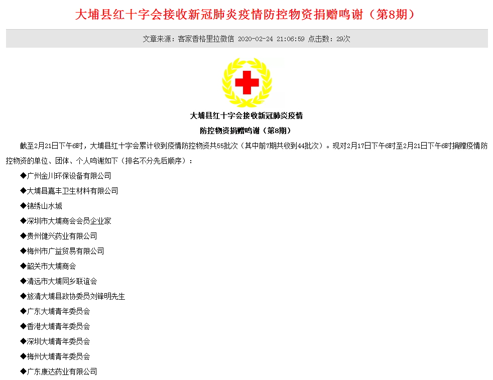 金川給大埔縣紅十字會(huì)、蕉嶺縣紅十字會(huì)等捐贈(zèng)消毒液用于疫情防控